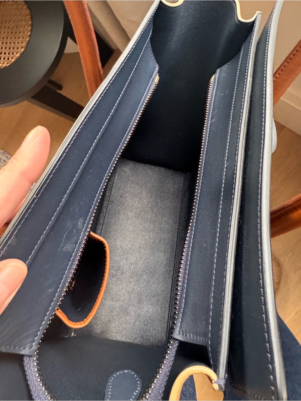 NWOT Celine Leather Micro Luggage Tote in Navy, Cream & Cognac/Deep Camel - Picture 4 of 11
